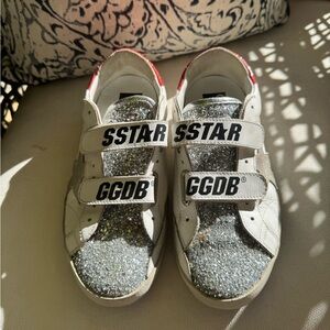 Golden Goose Silver Glitter Sneakers with Red Accent